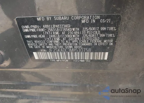 2021 Subaru Forester z USA, uszkodzony, nr VIN JF2SKADC3MH530758